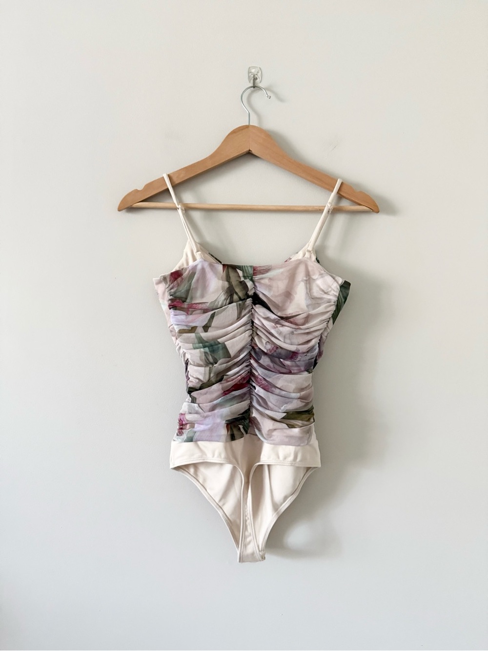 Express Body Contour Cream Bodysuit with Soft Pink and Sage Floral Accents S - Picture 3 of 5